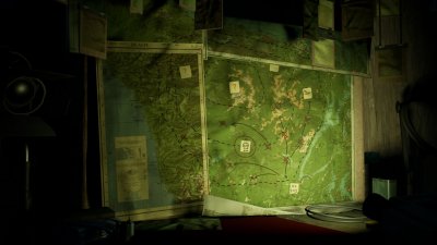 Snímek obrazovky ze hry Pacific Drive s mapou pacifického severozápadu s vyznačenými trasami a nebezpečnými zónami.