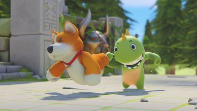 Party Animals - screenshot van een hond die wordt gepakt door een dinosaurus