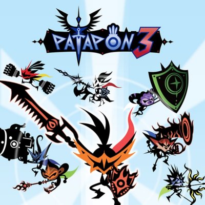 Patapon 3 store art showing cartoon characters holding swords.