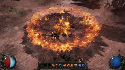 Path of Exile 2 — Captura de tela mostrando um chefe produzindo um ataque flamejante circular