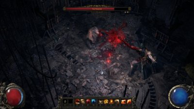 Path of Exile 2 — Captura de tela mostrando um encontro com um inimigo conhecido como O Prisioneiro