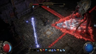 Path of Exile 2 — Captura de tela mostrando um personagem de jogador lançando um ataque mágico contra um inimigo grande