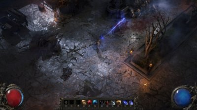 Path of Exile 2 screenshot showing a character using an electrical attack towards a group of enemies