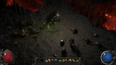 Path of Exile 2 — Captura de tela mostrando um personagem usando habilidades com o arco contra inimigos