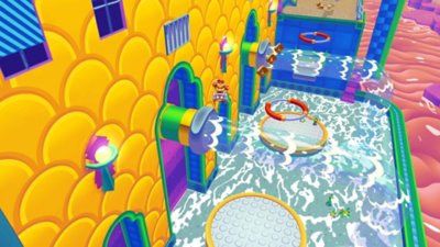 Penny's Big Breakaway screenshot showing a watery environment and coins to collect