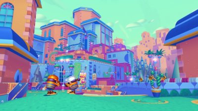 Penny's Big Breakaway screenshot showing the colourful town of Macaroon