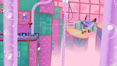 Penny's Big Breakaway screenshot showing Penny using Yo-Yo to swing between areas of the level