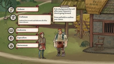 Pentiment – Screenshot, der eine Auswahl an Hintergründen für Andreas zeigt, die seine Entscheidungen im Spiel beeinflussen werden.