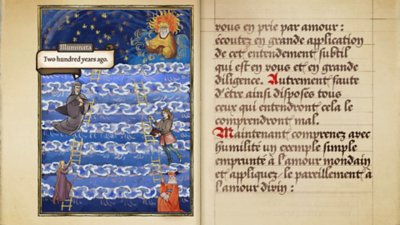 Pentiment screenshot showing an illuminated manuscript page.