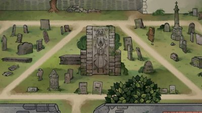 Pentiment – Illustration d'arrière-plan montrant une tombe dans un cimetière verdoyant.