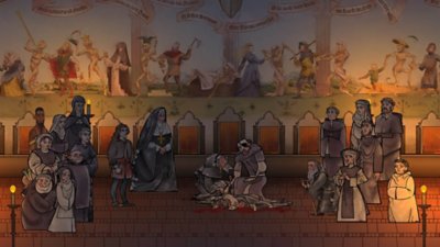 Pentiment screenshot depicting a murder scene, with Andreas and many occupants of Kiersau Abbey in attendance.