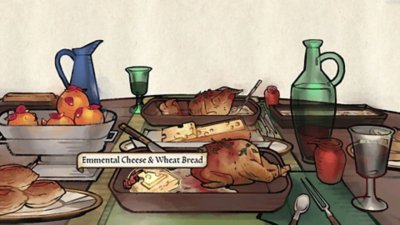 Pentiment screenshot showing a dining table full of food, including cheese, meat, bread and wine.