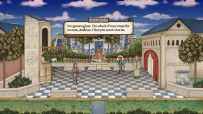 Pentiment screenshot depicting the game's protagonist in a courtyard with number of characters. One of them, called Prester John, is saying: "It is growing late. The wheel of time stops for no man, Andreas. I fear you must leave us."