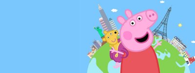 صورة فنية أساسية للعبة Peppa Pig تظهر Peppa Pig واقفة على عالم مصغر