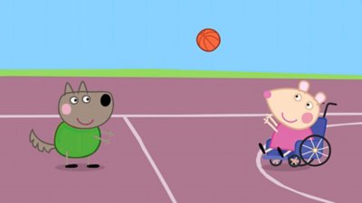 Ein Screenshot aus Peppa Pig der zwei Charaktere zeigt, die Basketball spielen