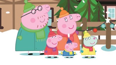 Peppa Pig-screenshot van een groep personages in de sneeuw