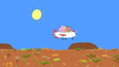 Peppa Pig: World Adventures screenshot showing a group of characters flying a plane