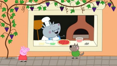 Captura de pantalla de Peppa Pig en la que se ve a dos personajes hablando con un chef