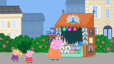 Ein Screenshot aus Peppa Pig, der eine Gruppe von Charakteren neben einem kleinen Markstand zeigt