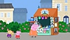 Peppa Pig-screenshot van een groep personages naast een marktkraampje