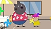Captura de pantalla de Peppa Pig: World Adventures que muestra a dos personajes junto a un carro vendiendo molinillos de viento