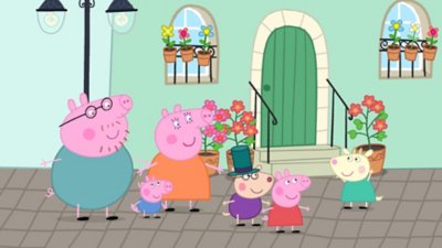 Peppa Pig – знімок екрана, на якому група персонажів стоїть біля теплиці