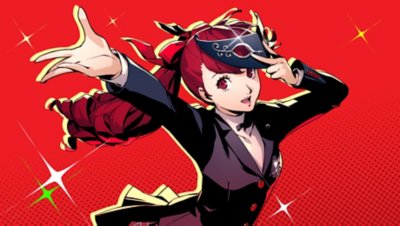 Persona 5 Royal – promokuvitusta, jossa näkyy päähahmo Kasumi punaista taustaa vasten.