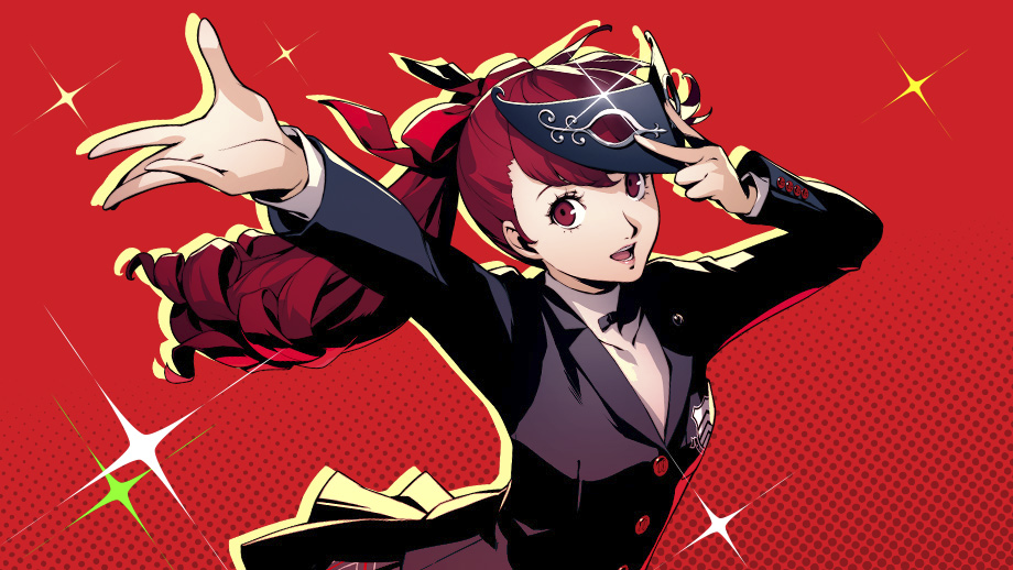 Persona 5 Royal-főgrafika a főszereplő Kasumival piros háttér előtt.