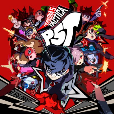 persona 5 tactica store art featuring the anime characters in red background