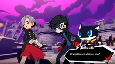 Persona 5 Tactica screenshot showing dialogue with two characters and a cat