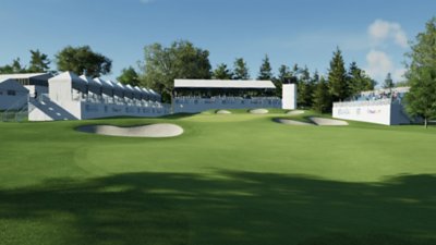 PGA Tour 2K25 – zrzut ekranu przedstawiający pole golfowe z białymi obiektami i bunkrami w tle