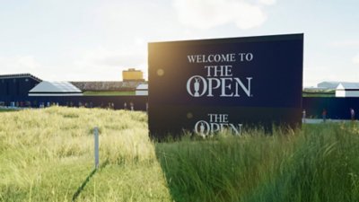 PGA Tour 2K25 – zrzut ekranu przedstawiający znak z białym napisem „Witamy w The Open” na czarnym tle; na znak świeci słońce