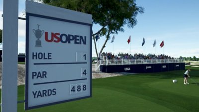 PGA Tour 2K25 – zrzut ekranu przedstawiający znak z ciemnoniebieskim napisem „US Open Hole 1 Par 4 Yards 488” na białym tle; po prawej stronie postać wykonuje uderzenie