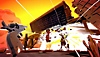 Captura de pantalla de Pistol Whip en la que se ve un jugador disparando un arma tipo revólver hacia un tren que descarrila.