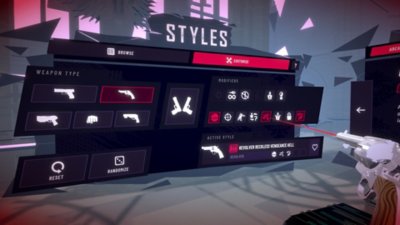 Snímka obrazovky z hry Pistol Whip zobrazujúca obrazovku s podrobnými úpravami zbrane