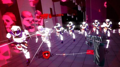 Captura de tela de Pistol Whip mostrando um grupo de inimigos correndo em direção à tela