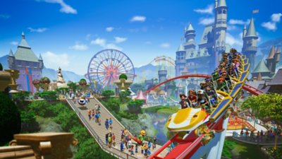 Planet Coaster – key art med en bild över en livlig nöjespark.