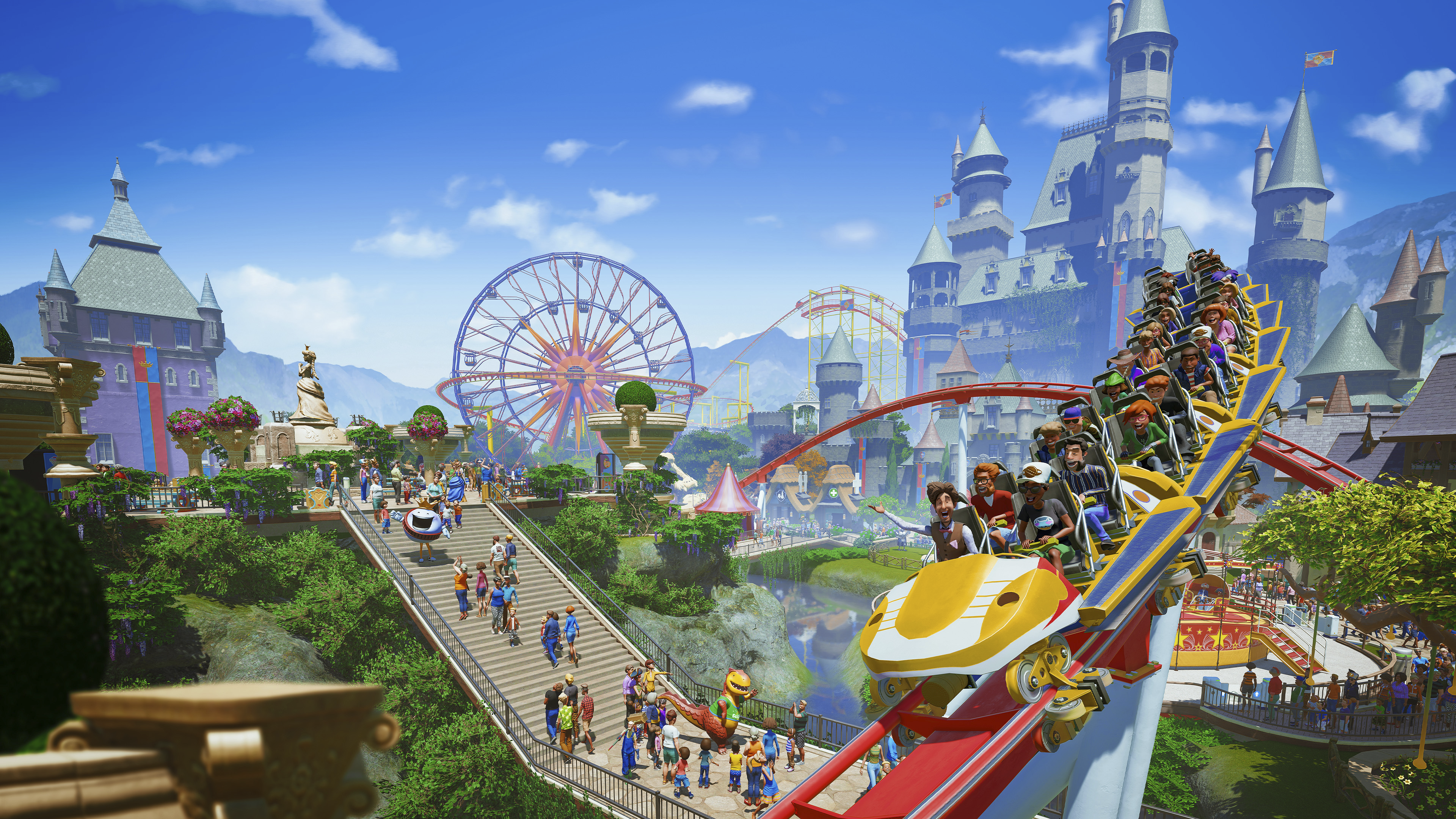 صورة فنية أساسية من لعبة Planet Coaster تعرض منظرًا علويًا لمدينة ألعاب مزدحمة.