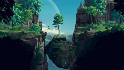 Planet of Lana – snímek obrazovky zobrazující Lanu, jak skáče z jedné římsy na druhou ve skalnatém a zalesněném prostředí