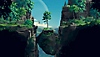 Екранна снимка на Planet of Lana, показваща как Лана скача от един перваз на друг в скалиста и гориста среда