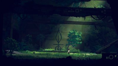 Captura de ecrã do Planet of Lana que mostra Lana e Mui a correr por uma área interna com vegetação alta
