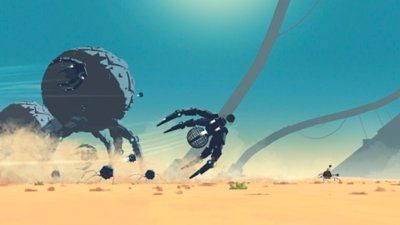 Captura de pantalla de Planet of Lana que muestra a Lana y a Mui intentando escapar de robots alienígenas