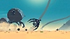 Captura de pantalla de Planet of Lana que muestra a Lana y a Mui intentando escapar de robots alienígenas