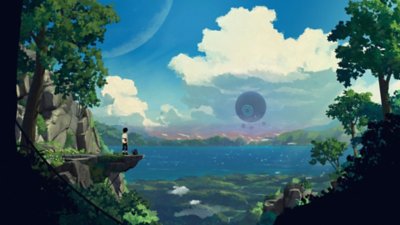 Planet of Lana-screenshot van Lana en Mui die uitkijken over het landschap, met bolvormige aliens in de verte