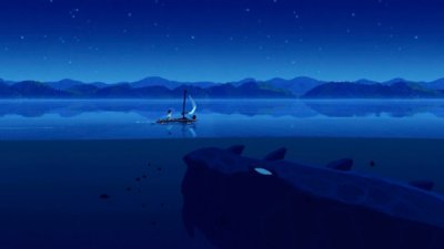 Planet of Lana – snímek obrazovky zobrazující Mui a Lanu na voru, pod nímž se ve vodě nachází obrovský tvor