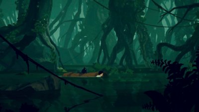 Planet of Lana – snímek obrazovky zobrazující Lanu ponořenou do vody v prostředí džungle
