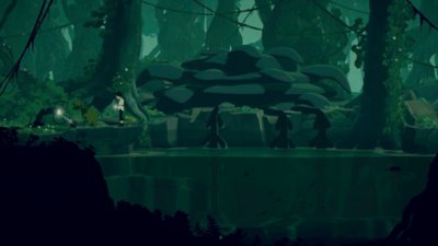 Snimak ekrana igre Planet of Lana na kom je prikazano kako Mui ostvaruje interakciju s delom okruženja
