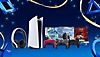 العمل الفني الترويجي لدليل هدايا PlayStation يعرض جهاز PS5 ووحدات تحكم لاسلكية DualSense باللون الأحمر الكَوْني والرمادي المموه والأسود منتصف الليل وصورة فنية أساسية لألعاب Horizon Forbidden West و God of War راغنروك و Stray.