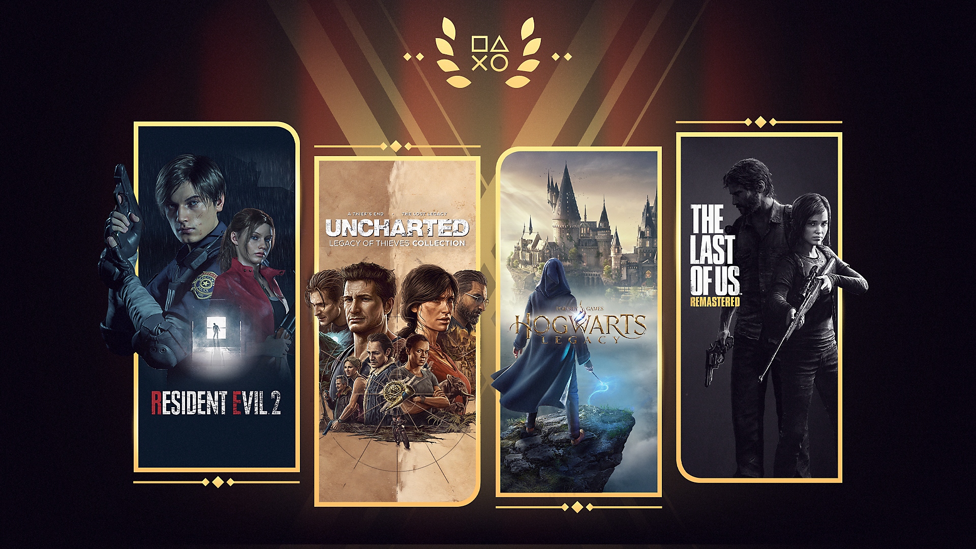 PlayStation goes to the movies promotional art featuring Resident Evil 2, Uncharted: Legacy of Thieves Collection, Hogwarts Legacy and The Last of Us Remastered