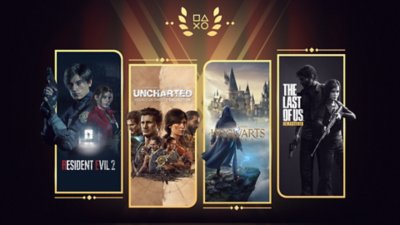 PlayStation goes to the movies promotional art featuring Resident Evil 2, Uncharted: Legacy of Thieves Collection, Hogwarts Legacy and The Last of Us Remastered